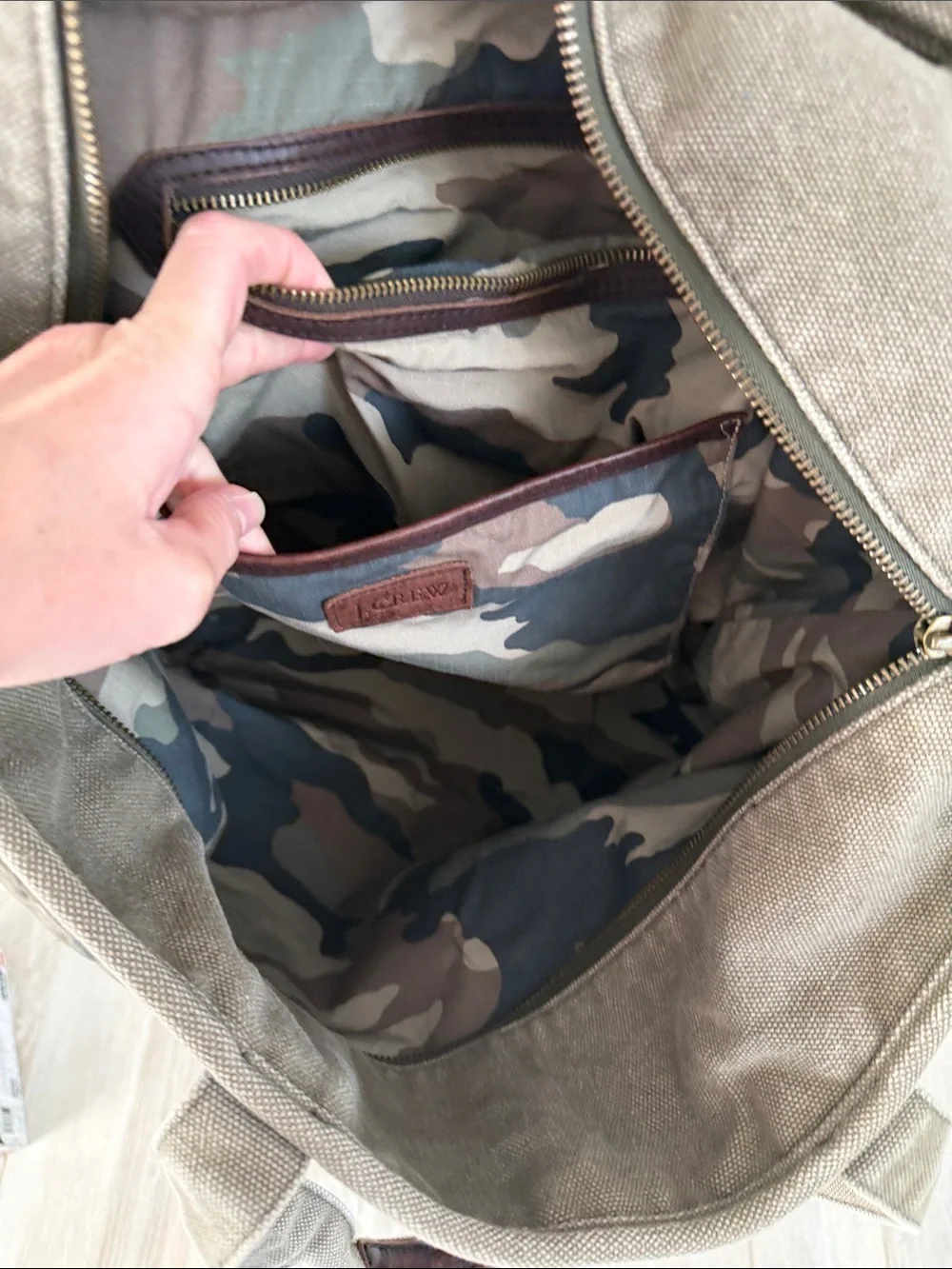 J CREW Camo Canvas Tote Bag - Military Green- distressed camo